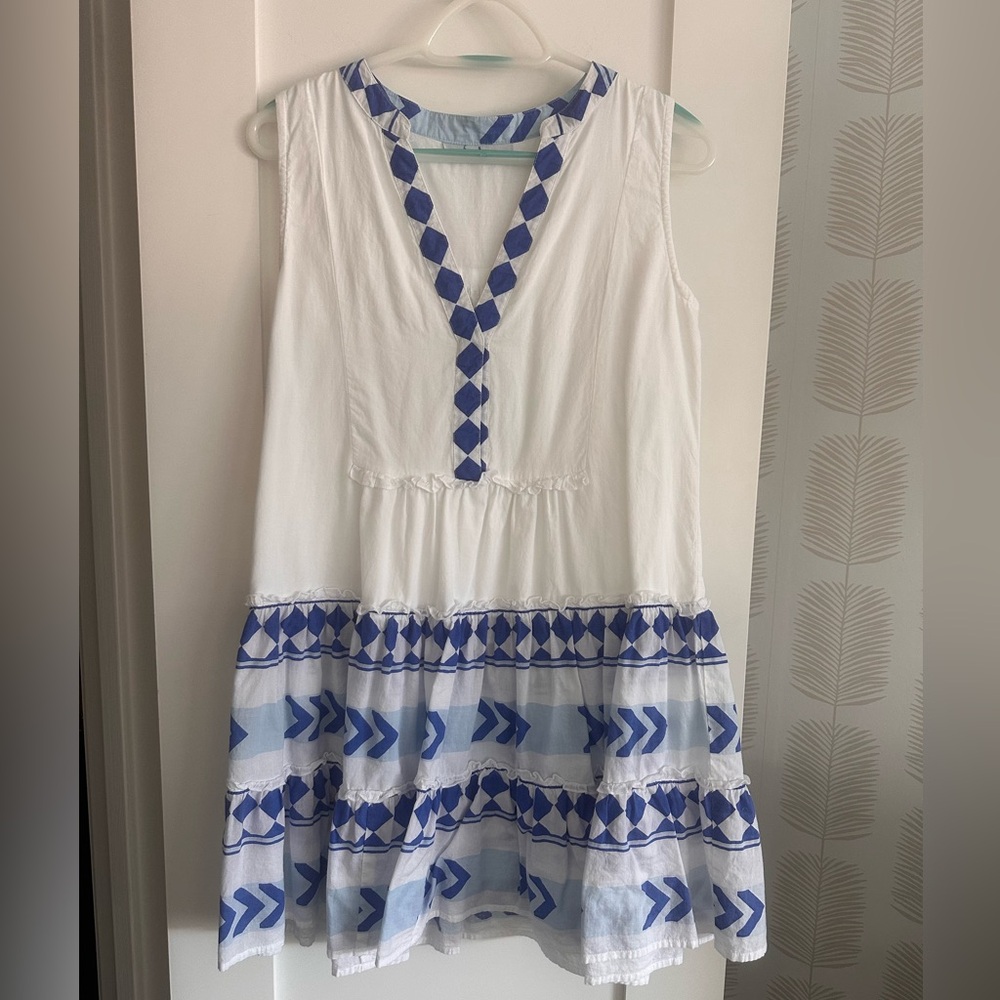 BINDU White and Blue Sleeveless Dress